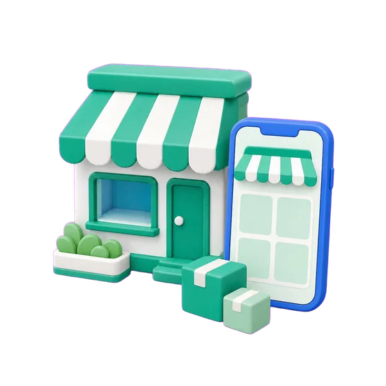 Ilustración de un local comercial con su tienda online en el teléfono